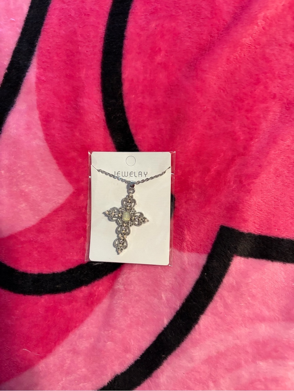 Silver Cross Pendant Necklace with Clear Stones - Jewelry